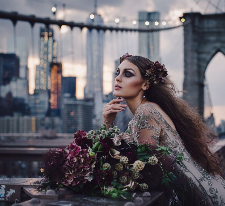 Urban Inspiration Shoot in New York City | Soho to Brooklyn Bridge | Suzanne Hardward Couture Gown | Deep Florals | Bonnie Jenkins Photography