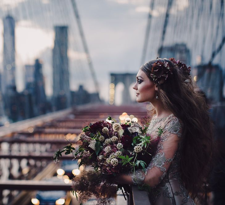 Urban Inspiration Shoot in New York City | Soho to Brooklyn Bridge | Suzanne Hardward Couture Gown | Deep Florals | Bonnie Jenkins Photography