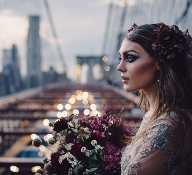 Urban Inspiration Shoot in New York City | Soho to Brooklyn Bridge | Suzanne Hardward Couture Gown | Deep Florals | Bonnie Jenkins Photography