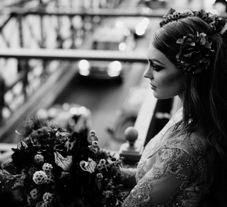 Urban Inspiration Shoot in New York City | Soho to Brooklyn Bridge | Suzanne Hardward Couture Gown | Deep Florals | Bonnie Jenkins Photography