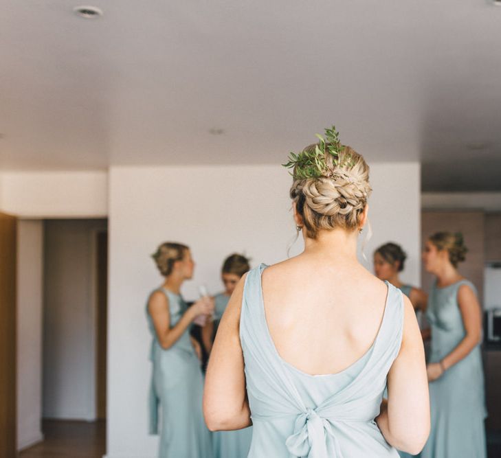 Braided Bridesmaid Up Do | Bridesmaid in Pale Green Ghost Dress | The Harbour Church Portsmouth Wedding | Emily & Steve Photography