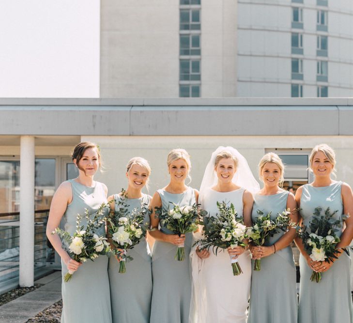 Bride in Pronovias Gown | Bridesmaids in Pale Green Ghost Dresses | The Harbour Church Portsmouth Wedding | Emily & Steve Photography