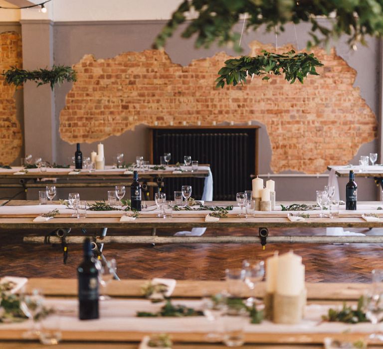 Trestle Table with Greenery Decor | The Harbour Church Portsmouth Wedding | Emily & Steve Photography