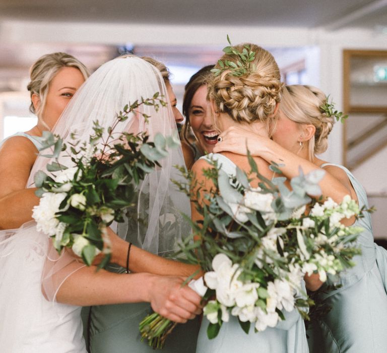 Bride in Pronovias Gown | Bridesmaids in Pale Green Ghost Dresses | The Harbour Church Portsmouth Wedding | Emily & Steve Photography