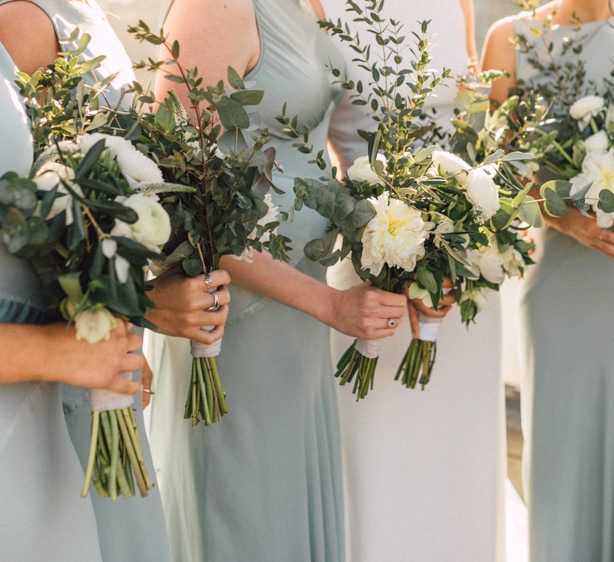 White & Green Bouquet | Bridesmaids in Pale Green Ghost Dresses | The Harbour Church Portsmouth Wedding | Emily & Steve Photography