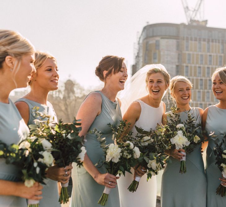 Bride in Pronovias Gown | Bridesmaids in Pale Green Ghost Dresses | The Harbour Church Portsmouth Wedding | Emily & Steve Photography