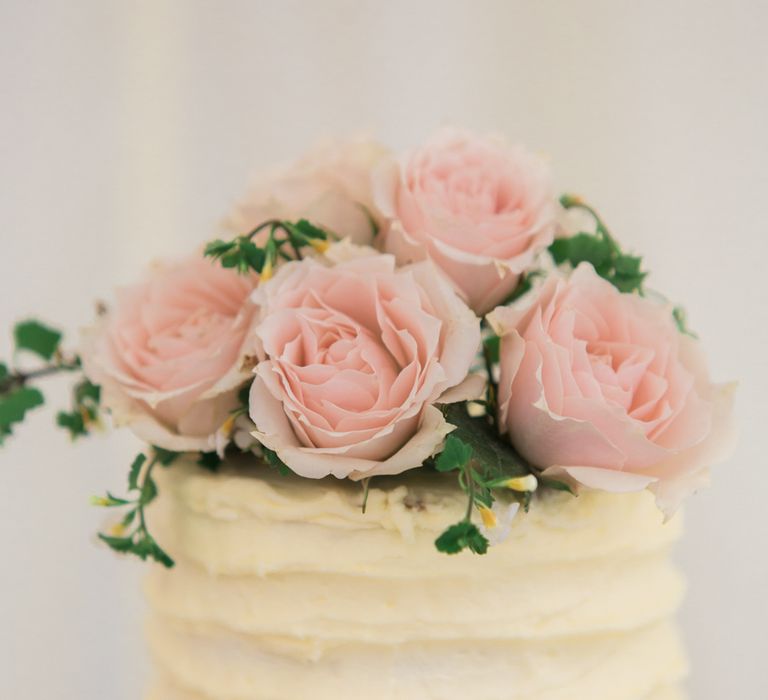 Homemade Elegant Buttercream Wedding Cake with Pink Roses Cake Topper