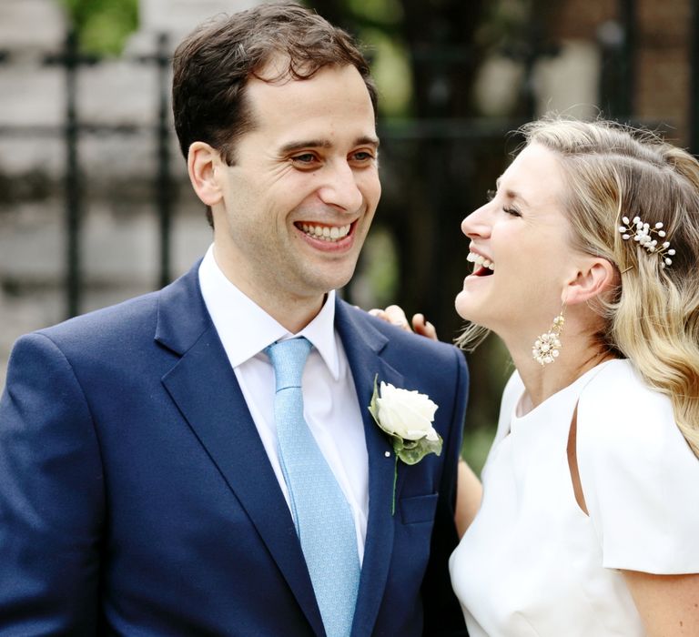 Bride in Contemporary J Mendel Wedding Dress | Groom in Gieves & Hawkes Suit | Dasha Caffrey Photography