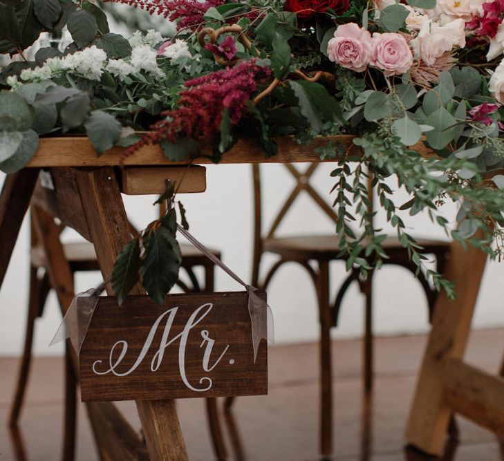 Wooden Signage For Wedding // Outdoor Wedding In Scotland With Burgundy, Pink & Navy Colour Scheme Images From Caro Weiss Photography & Bespoke Stationery From de Winton Paper Co