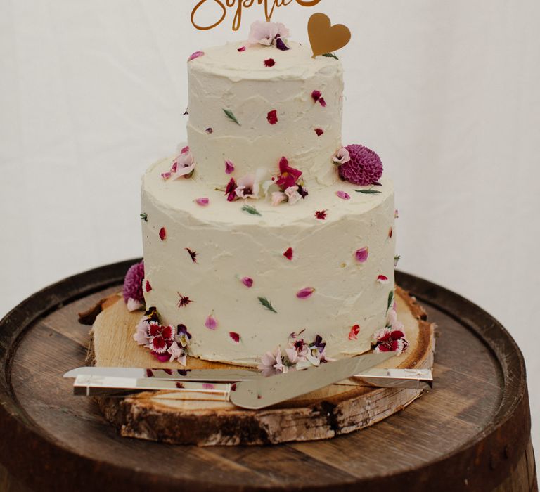 Buttercream Wedding Cake With Edible Flowers // Outdoor Wedding In Scotland With Burgundy, Pink & Navy Colour Scheme Images From Caro Weiss Photography & Bespoke Stationery From de Winton Paper Co