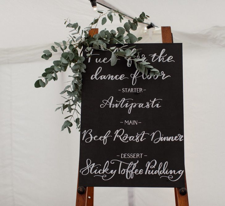 Chalkboard Wedding Sign // Outdoor Wedding In Scotland With Burgundy, Pink & Navy Colour Scheme Images From Caro Weiss Photography & Bespoke Stationery From de Winton Paper Co