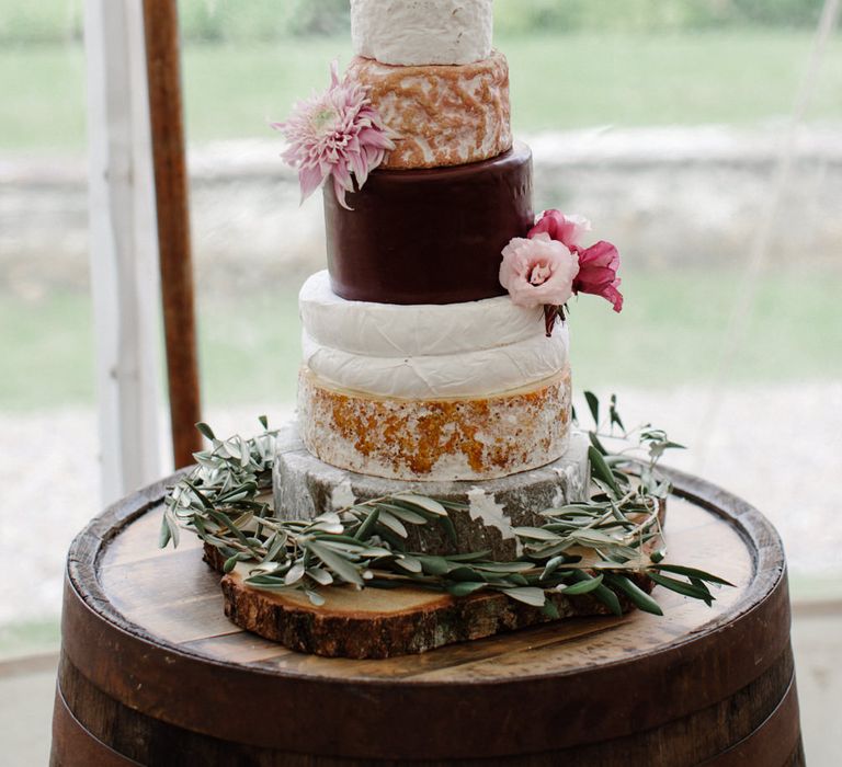 Cheese Tower For Wedding // Outdoor Wedding In Scotland With Burgundy, Pink & Navy Colour Scheme Images From Caro Weiss Photography & Bespoke Stationery From de Winton Paper Co