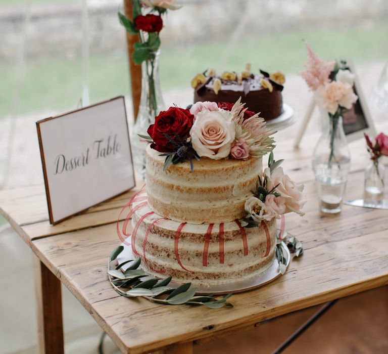 Naked Wedding Cake // Outdoor Wedding In Scotland With Burgundy, Pink & Navy Colour Scheme Images From Caro Weiss Photography & Bespoke Stationery From de Winton Paper Co