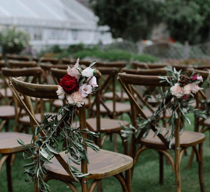 Wooden Cross Back Chairs For Wedding // Outdoor Wedding In Scotland With Burgundy, Pink & Navy Colour Scheme Images From Caro Weiss Photography & Bespoke Stationery From de Winton Paper Co