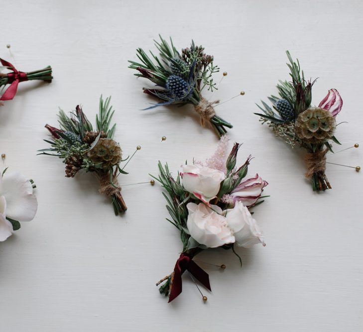 Buttonholes For Wedding // Outdoor Wedding In Scotland With Burgundy, Pink & Navy Colour Scheme Images From Caro Weiss Photography & Bespoke Stationery From de Winton Paper Co