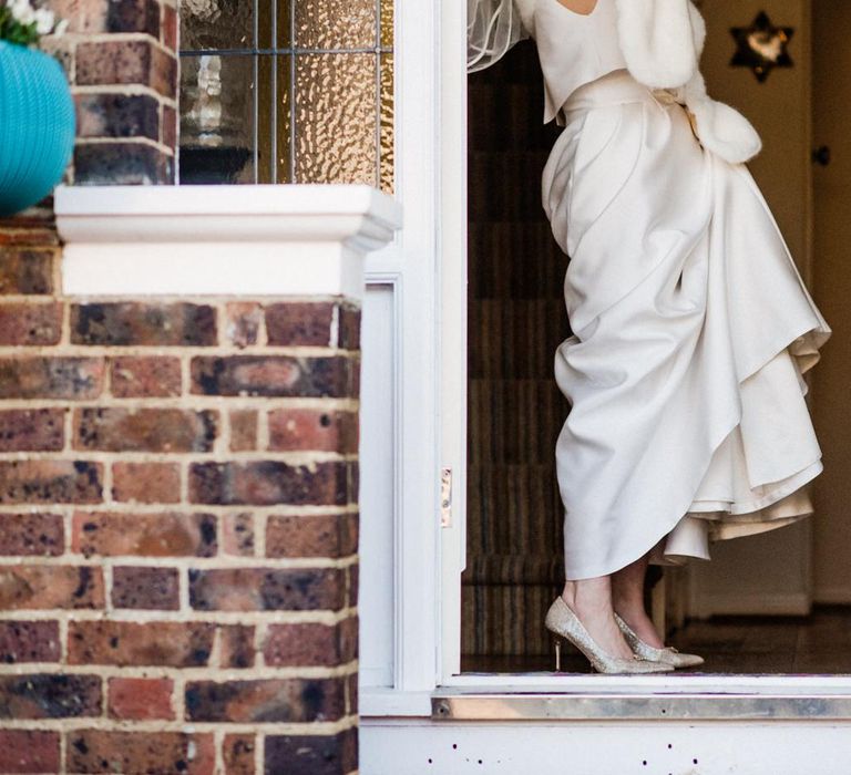 Bride in Gold Sparkle Dune Shoes and Jesús Peiró Wedding Dress from Morgan Davies Bridal | Village Underground Wedding London | Babb Photo