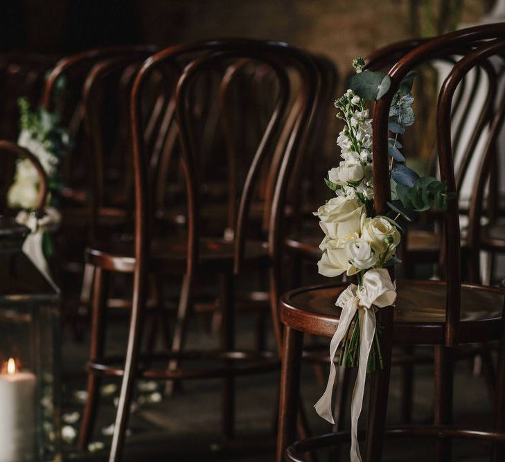 Cripps Barn Ceremony Room | Hanging Floral Display | Aisle Chair Decor | Andy Gaines Photography | Thompson Granger Films