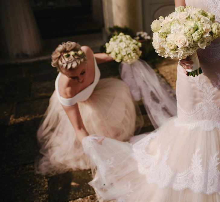 Bride in Christos Costarellos Fishtail Gown | Bridesmaids in Blush Tulle Skirt & White Top Separates | Andy Gaines Photography | Thompson Granger Films