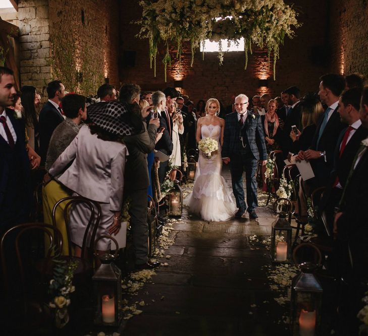 Cripps Barn Bridal Entrance | Bride in Christos Costarellos Fishtail Gown | Andy Gaines Photography | Thompson Granger Films