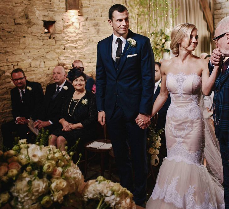 Cripps Barn Wedding Ceremony | Bride in Christos Costarellos Fishtail Gown | Andy Gaines Photography | Thompson Granger Films