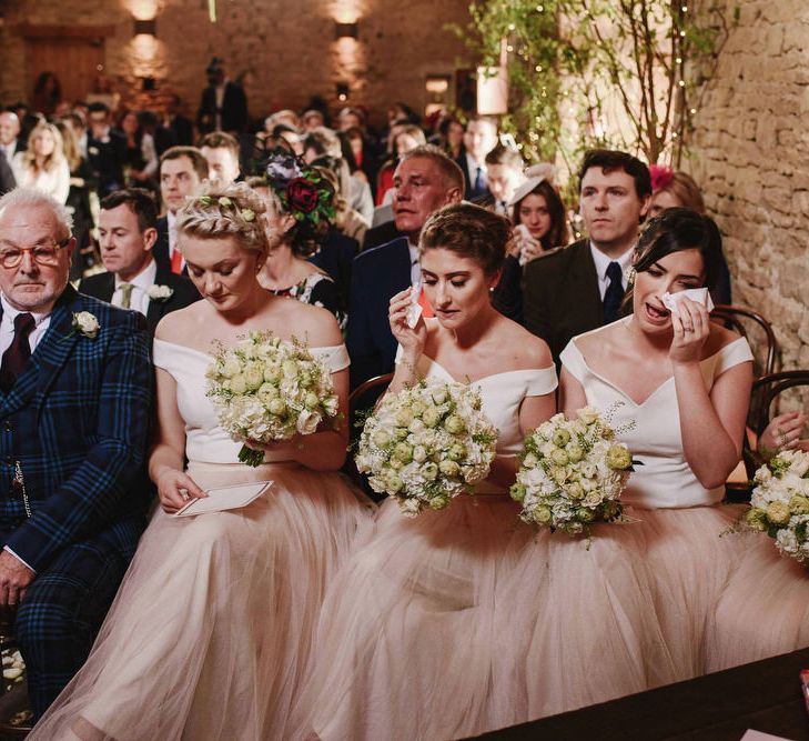 Cripps Barn Wedding Ceremony | Bridesmaids in Blush Pink Tulle Skirts & White Top Separates | Andy Gaines Photography | Thompson Granger Films