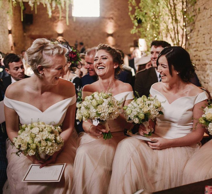 Cripps Barn Wedding Ceremony | Bridesmaids in Blush Pink Tulle Skirts & White Top Separates | Andy Gaines Photography | Thompson Granger Films