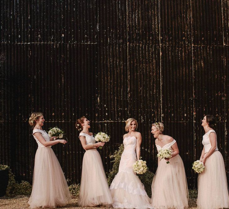 Bride in Christos Costarello Wedding Dress | Bridesmaids in Blush Pink Tulle Skirts & White Top Separates | Andy Gaines Photography | Thompson Granger Films