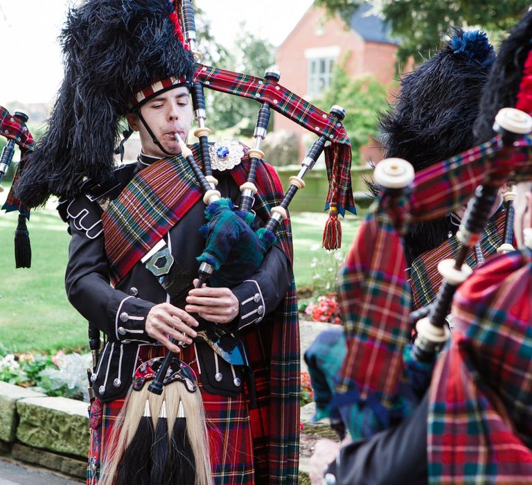 Scottish Bag Pipers in Tartan | Groom in Cad & the Dandy Tails | Lucy Davenport Photography