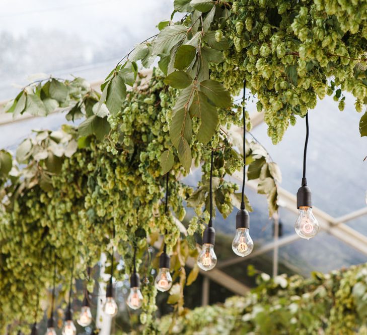 Botanical Marquee Reception with Hanging Greenery & Edison Light Installations | Lucy Davenport Photography