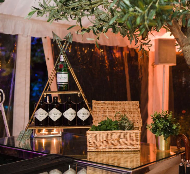 Gin Bar | Botanical Marquee Reception with Hanging Greenery & Edison Light Installations | Lucy Davenport Photography