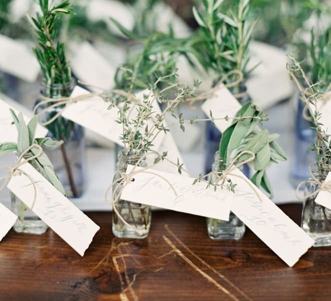 Herb Decorated Wedding Favours | Summer Styling Reimagined | Image via <a href="https://www.fabmood.com/tulle-wedding-gown-tuscan-inspired-wedding" rel="noopener" target="_blank">Fab Mood</a> | Image by <a href="https://jenhuangphoto.com" rel="noopener" target="_blank">Jen Huang</a> | Floral design by <a href="https://nataliebowendesigns.com/#weddings" rel="noopener" target="_blank">Natalie Bowen Designs</a>