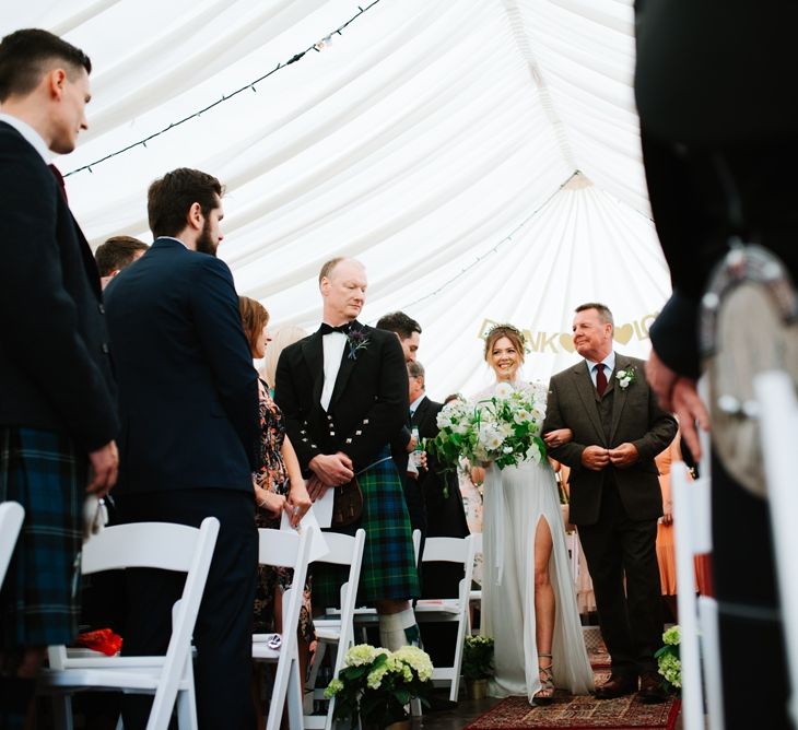 White, Gold & Green Farm Wedding In A Marquee In Scotland With Bride In Bespoke Dress & Images And Film From Tub Of Jelly