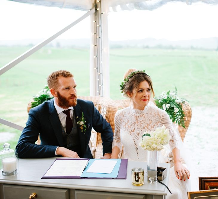 White, Gold & Green Farm Wedding In A Marquee In Scotland With Bride In Bespoke Dress & Images And Film From Tub Of Jelly