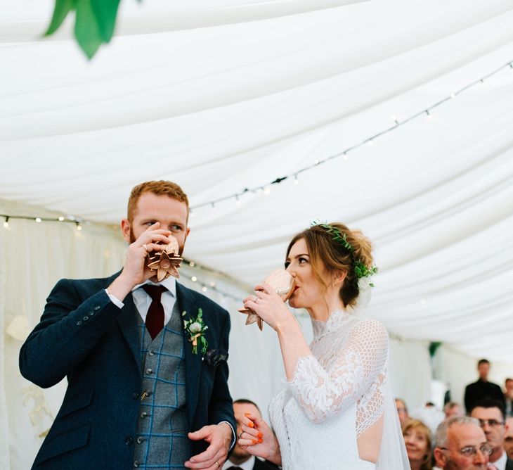 White, Gold & Green Farm Wedding In A Marquee In Scotland With Bride In Bespoke Dress & Images And Film From Tub Of Jelly