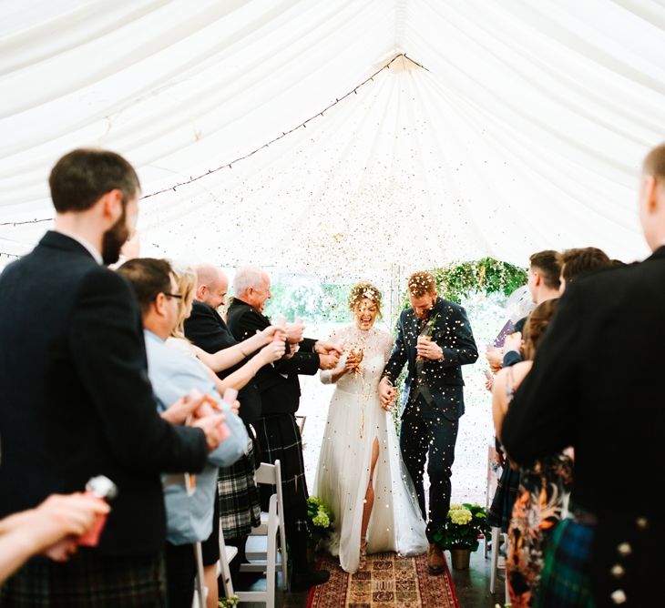 White, Gold & Green Farm Wedding In A Marquee In Scotland With Bride In Bespoke Dress & Images And Film From Tub Of Jelly