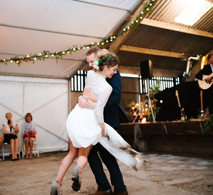 White, Gold & Green Farm Wedding In A Marquee In Scotland With Bride In Bespoke Dress & Images And Film From Tub Of Jelly