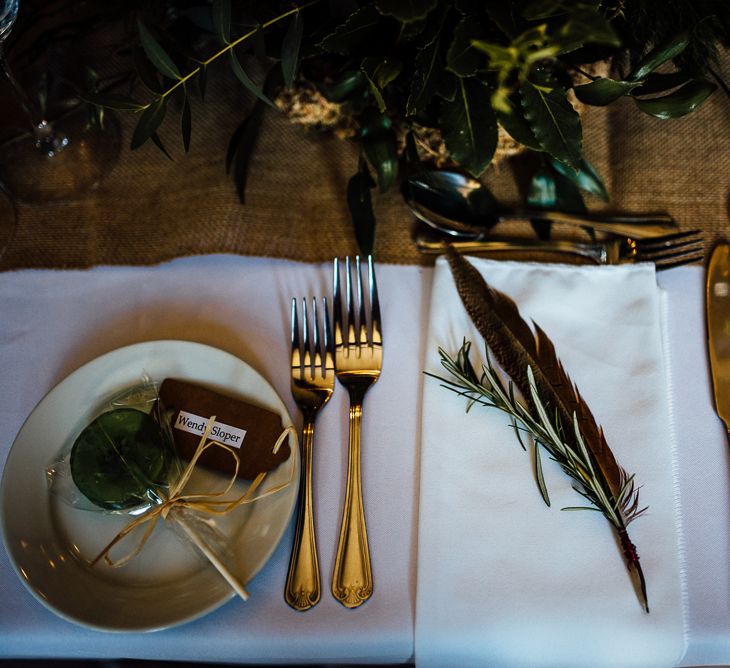 Boho Wedding Place Setting With Feathers & Foliage