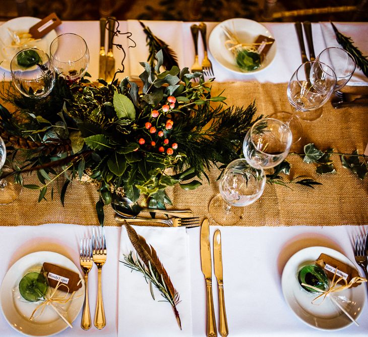 Boho Wedding Place Setting With Feathers & Foliage