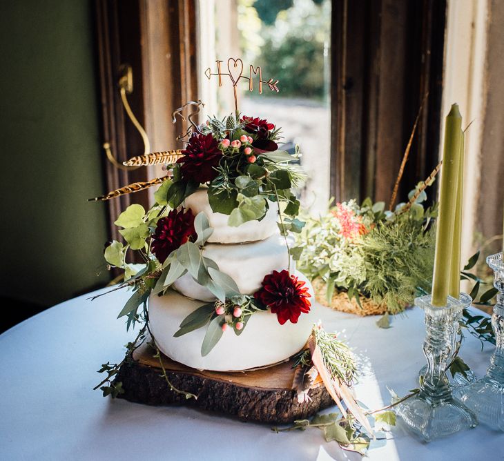 Rustic Wedding Cake with Feathers & Foliage