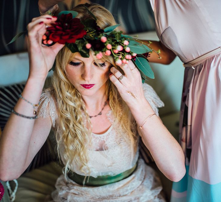 Bride With Woodland Fairy Style Flower Crown