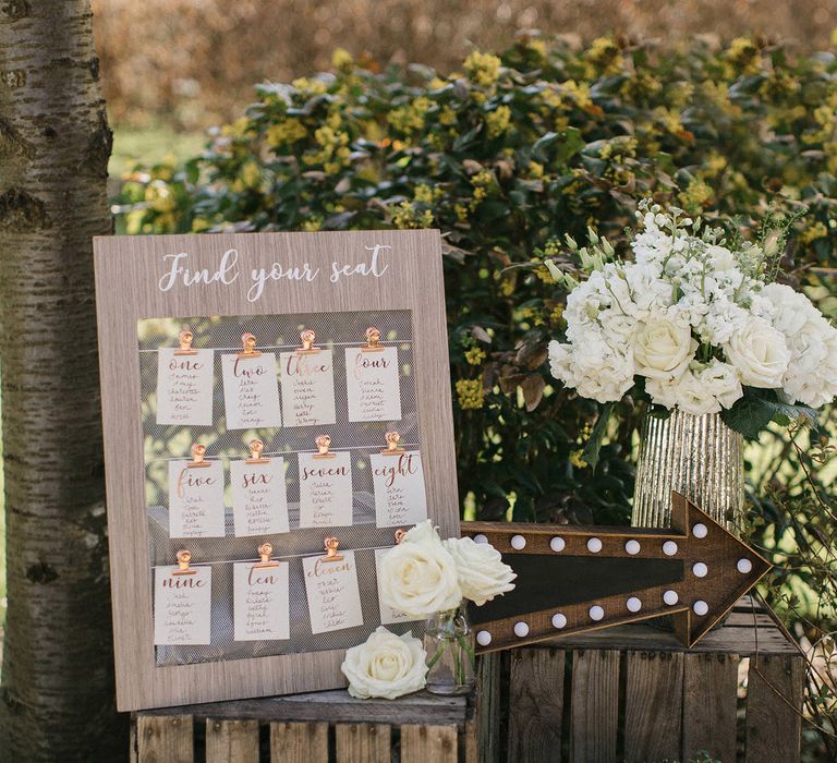 Wooden & Copper Wedding Table Plan And Light Up Arrow From The Sainsbury’s Home Wedding Collection