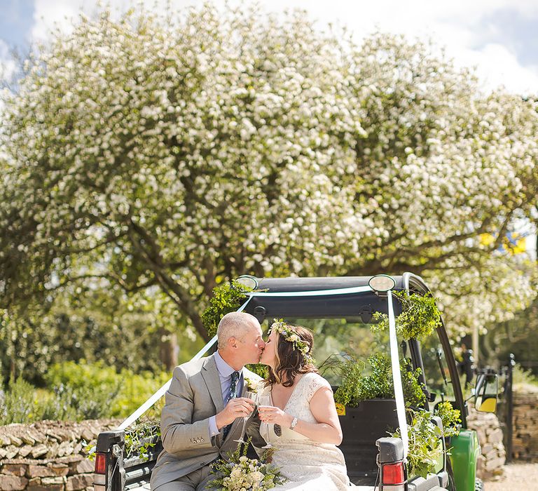 Bride & Groom In Tractor For Wedding Day