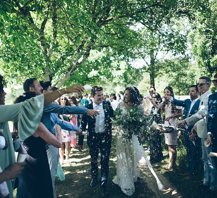 French Chateau Wedding At Château de la Bourlie With Bride In Vintage Gown & Bridesmaids In White Dresses By Silken Studio With Images From Lelia Scarfiotti