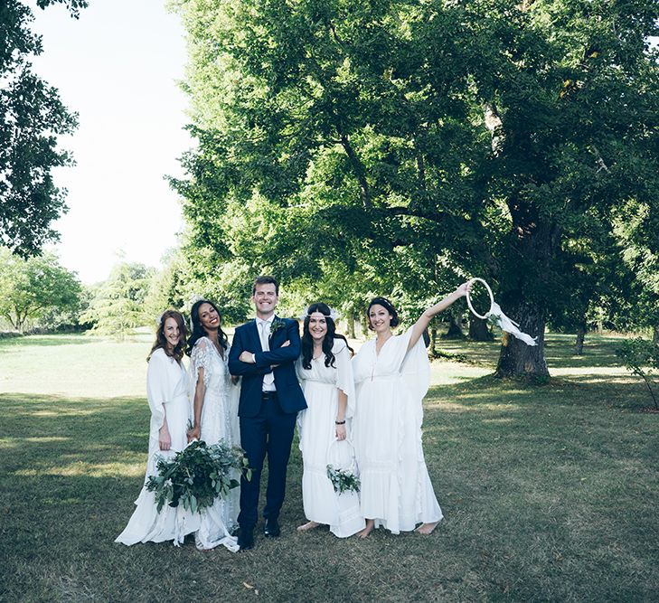 French Chateau Wedding At Château de la Bourlie With Bride In Vintage Gown & Bridesmaids In White Dresses By Silken Studio With Images From Lelia Scarfiotti