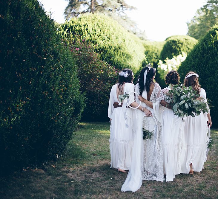 French Chateau Wedding At Château de la Bourlie With Bride In Vintage Gown & Bridesmaids In White Dresses By Silken Studio With Images From Lelia Scarfiotti