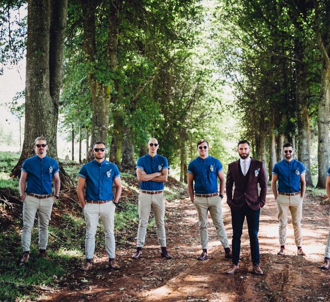 Groom in Burgundy Terrence Bray Suit | Groomsmen in Denim Shirts & Chinos | Andy & Szerdi Photography | Forman Wedding Films