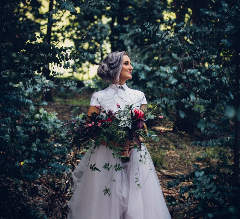 Bride in Bespoke Purple Terrence Bray Wedding Dress | Steampunk Barn Wedding | | Andy & Szerdi Photography | Forman Wedding Films