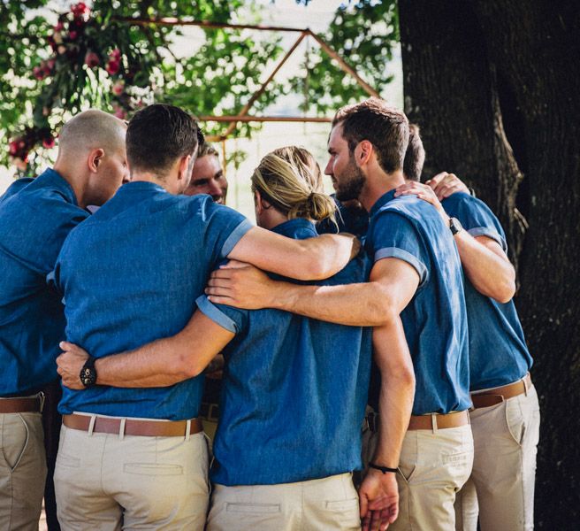 Groom in Burgundy Terrence Bray Suit | Groomsmen in Denim Shirts & Chinos | Andy & Szerdi Photography | Forman Wedding Films