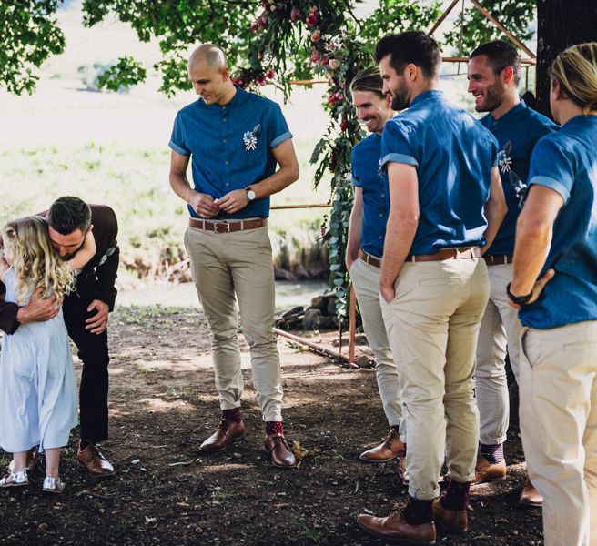 Groom in Burgundy Terrence Bray Suit | Groomsmen in Denim Shirts & Chinos | Andy & Szerdi Photography | Forman Wedding Films