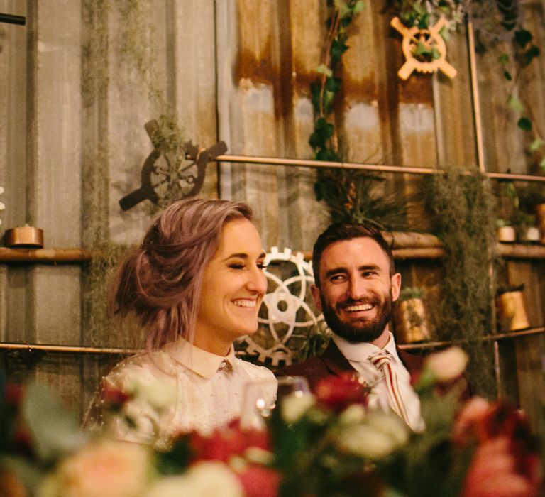 Bride in Bespoke Purple Terrence Bray Wedding Dress | Steampunk Barn Wedding | | Andy & Szerdi Photography | Forman Wedding Films